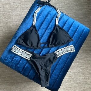NWOT black 2 piece fancy jeweled bikini (size S)